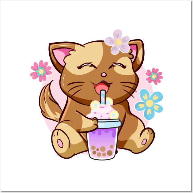 Boba Cat Tea Neko Girl Teen Bubble Kawaii Anime Japanese Wall Art by jodotodesign